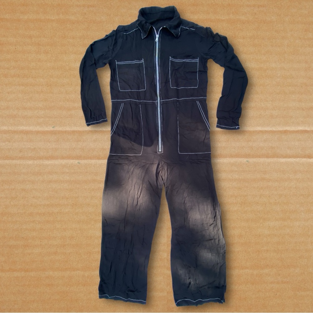 Rayon Coveralls Jumpsuit Black White Stitching Medium Zip Up Collar Pockets